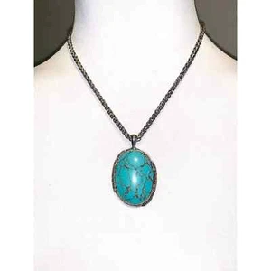 Lucky Brand Silver Turquoise Pendant Statement Necklace Feather Accents EUC - Picture 1 of 7