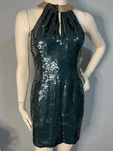 VTG A.J. Bari Green Gold Sequin Silk Cocktail Disco Dress Halter New Years Sz 6 - Picture 1 of 12