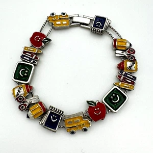 Teacher Sliding Charm Bracelet Apple School Bus Tofa Style Silver Tone 7.25" - Picture 1 of 13