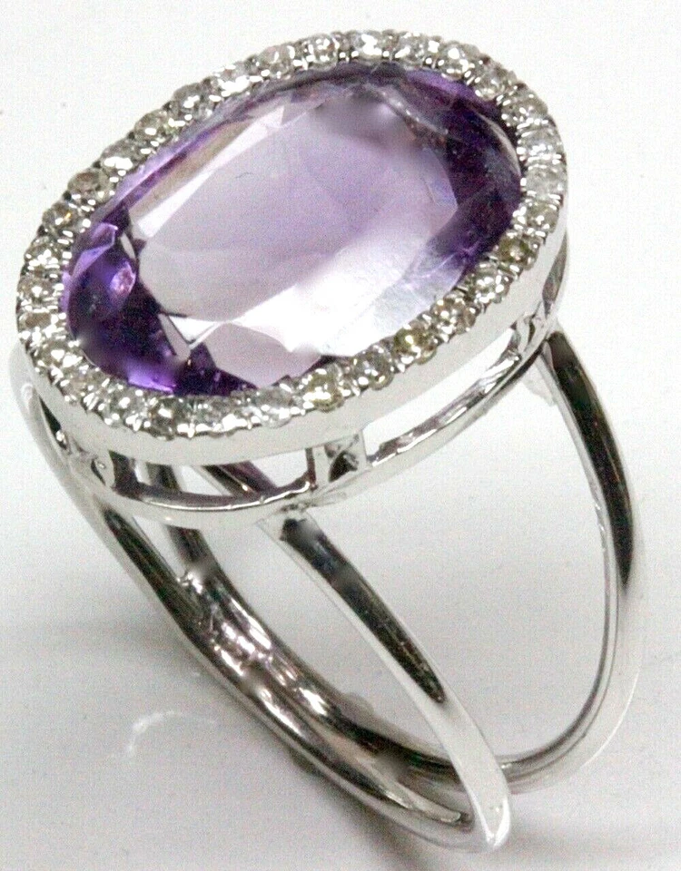 5.5 ctw Natural Purple Amethyst Diamond Solid 14k White Gold Halo Cocktail Ring - Image 1 of 1