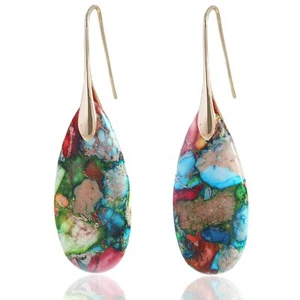 Teardrop Stone Dangle Earrings For Women Girls Colorful Turquoise Stone Fish Hoo - Picture 1 of 7