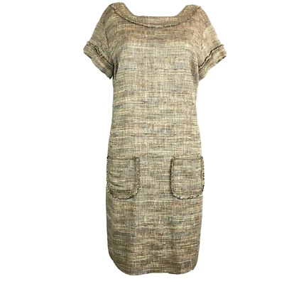 W By Worth Dress Womens Sz 6 Brown Tweed Linen Cotton Fringe Pocket Shift - Image 1 of 4