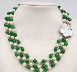3 Rows 7-8mm Natural Pearl 8mm Agate/Jade Gems Beads Shell Flower Clasp Necklace - Picture 1 of 19