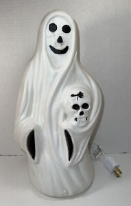Blow Mold Halloween Ghost w/ Skull 13" Tabletop Vintage Bayshore Light Up WORKS