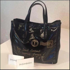 [MINT w/Storage bag]Yves Saint Laurent Black/Gold Patent Leather Y-mail Tote Bag - Picture 1 of 4