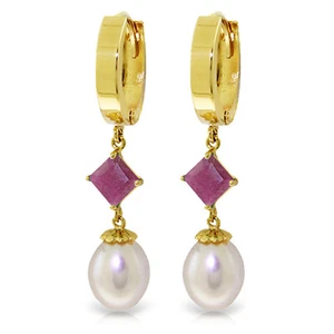 9.5 CTW 14K Solid Gold Hoop Earrings Natural pearl Ruby - Picture 1 of 3