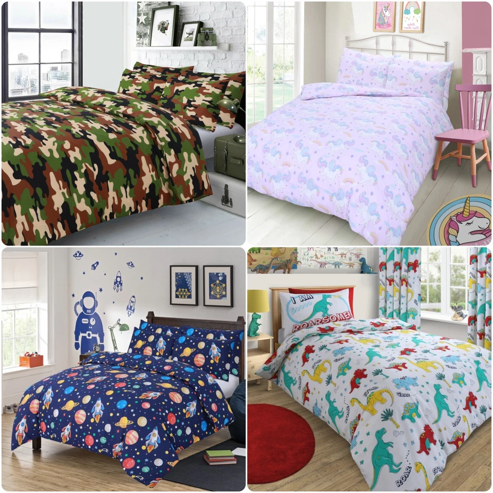 Single Bed Duvet Quilt Cover Bedding Sets Kids Space Camouflage Dinosaur Unicorn