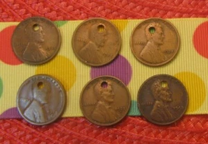 LOT OF 6 ~ 1925 LINCOLN WHEAT PENNIES~ 2 (S) ~ ESTATE FIND ~DRILLED ~CIRCULATED  - Picture 1 of 5