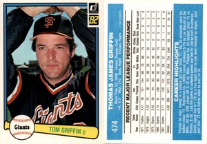 Tom Griffin 1982 Donruss Baseball Card 474 San Francisco Giants