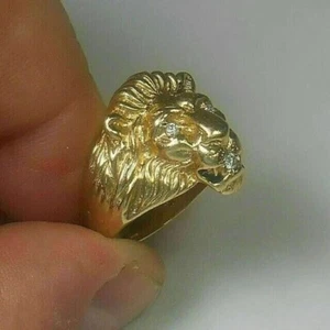 Men's Lion Head Ring 1Ct Round Lab Created Diamond 14K Yellow Gold Plated Silver - Picture 1 of 6