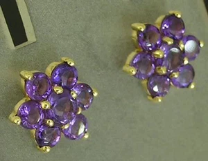 E059- Genuine 9ct Gold NATURAL Amethyst LARGE Blossom Stud Earrings Cluster - Bild 1 von 1