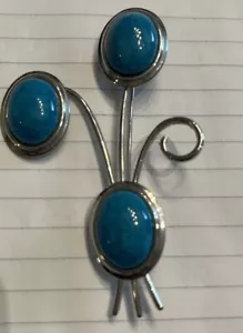 Vintage Faux 3 Turquoise Set In Silver Metal 3” Brooch/Pin, Perfect Condition! - Picture 1 of 4