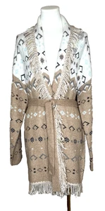 NEW Lucky Brand LG Tan Aztec Tribal Belted Cardigan Shawl Collar Western Fringe - Picture 1 of 17