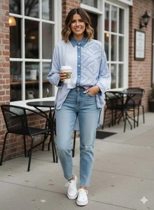 Camicia American Eagle patchwork con bottoni S blu bianco denim country - Foto 1 di 3