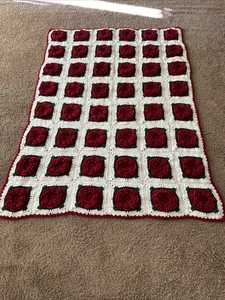 Hand Crocheted Veg Afghan, Green, White with 3D Roses Granny Square 44” x 62” - Picture 1 of 4