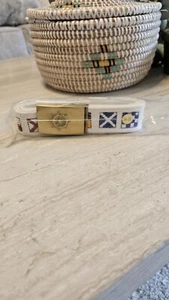 Vintage Nautical Belt Solid Brass Buckle, White Canvas Strap, Maritime Flags, 36 - Picture 1 of 5