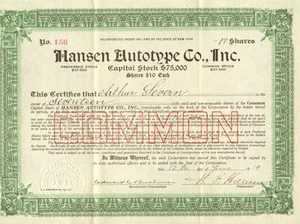 Hansen Autotype 1919 New York Old Stock Certificate Aktie - Bild 1 von 1