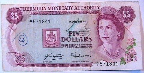 1978 Bermuda 5 Dollar VF Original UK British Banknote Paper Money Currency p-29a Cover