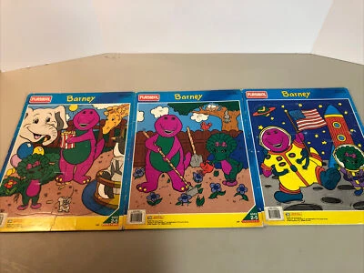 Vintage Playskool Lot Of 3 BARNEY 6-PIECE Cardboard PUZZLES in Tray 1993 Barney - Image 1 of 4