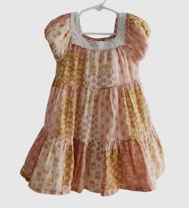 Haute Hippie Kids Dress Peach Gold Floral Patchwork Lace Neckline Lined Size 4T - Picture 1 of 9