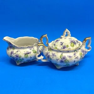 Set zuccheriera e crema vintage Lefton China HP 663V viola viola chintz con coperchio CE - Foto 1 di 16