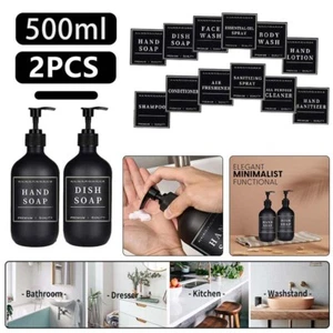 2x 500ml Black Soap Dispenser Hand Pump Bottle Lotion Container 12 Sticker Label - Picture 1 of 19