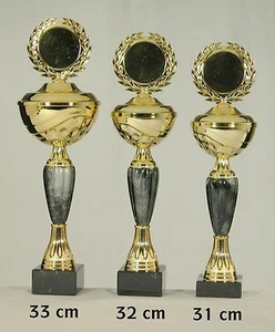 3x goldfarbene Pokale 33 -32 - 31 cm mit Text und Emblem incl. Beschriftung - Bild 1 von 5