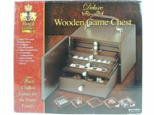 Deluxe Wooden Game Chest 7 Games Incl Chess Checkers Backgammon