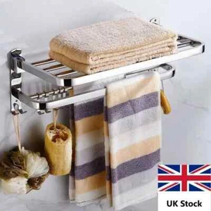 Double Tier Towel Rail Holder Wall Mounted Bathroom Rack Shelf With Hook Folding - Picture 1 of 10