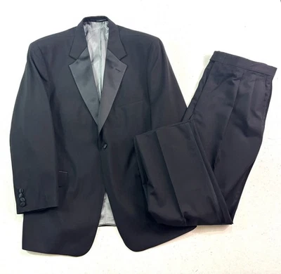 Stafford 46R 40x30 2pc Tuxedo Suit Formal Evening Black Wool Satin Pleated - Image 1 of 4
