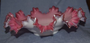 Antique Silver Crested Pink & White Cased Glass Crimped Brides Basket Bowl 11.5" - Picture 1 of 3