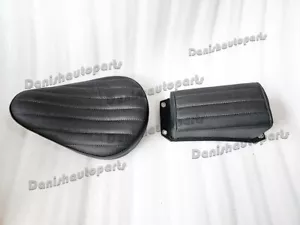 BLACK LEATHER VERT RIB CHOPPER SOLO SEAT & PILLION PAD TUCK & ROLL HARLEY BOBBER - Picture 1 of 23