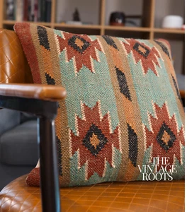 Kilim Cushion Cover 18" Handmade Vintage Turkish SkyBlue-Red Aztec Pillow Case - Picture 1 of 7