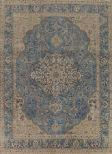 Over-Dyed Blue Floral Tebriz Area Rug 10x13 Vintage Handmade Room Size Carpet
