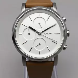 DKNY Soho Chronograph Watch Women 38mm Silver Tone NY-2336 Leather New Battery - Picture 1 of 16