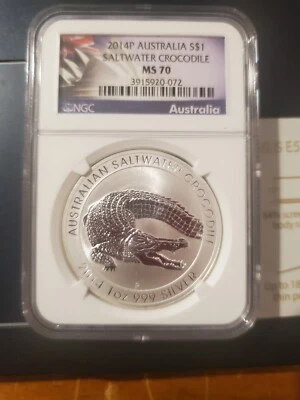 2014 Australia Silver Saltwater Crocodile S$1 NGC MS70 Flag Label - Image 1 of 2