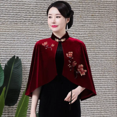 Women Velvet Shawl Cloak Embroidered Capelet Jacket Shrug Bolero Cardigan - Image 1 of 4