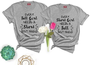 Best Friends Matching Set T-shirts Funny Tall & Short Girl Besties Friend Tshirt - Picture 1 of 4