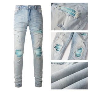 Trendy Ripped Boyfriend Jeans Distressed Retro Blue Denim with Pleated Patch - Picture 1 of 15