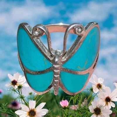 Anel de prata esterlina cativante motivo borboleta turquesa tamanho 9 - Imagem 1 de 4