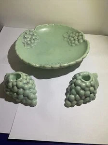 Red Wing Pottery Grape Cluster Candle Holders With Bowl 1930's, Aqua Granma Core - Picture 1 of 14