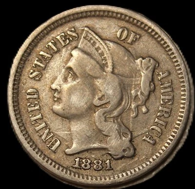 1881 3 cent nickel - CHOICE XF - FREE SHIPPING /JAM228 - Image 1 of 2