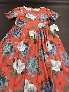Lularoe NWT Amelia Pleated Dress 🦄 Neon Orange Coral Blush Roses Small 6/8 4/6 - Picture 1 of 12