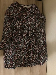 H&M Floral Print Dress 6X/7 Dark Blue Long Sleeve Cotton Gathered Waist Spring - Picture 1 of 3