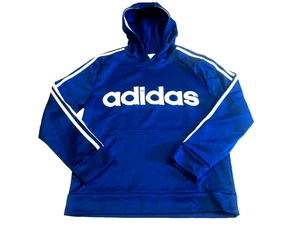 Adidas Hoodie Boy Youth Large Blue 3 Stripe Pullover Sewn Spell Out Pouch Pocket - Picture 1 of 10