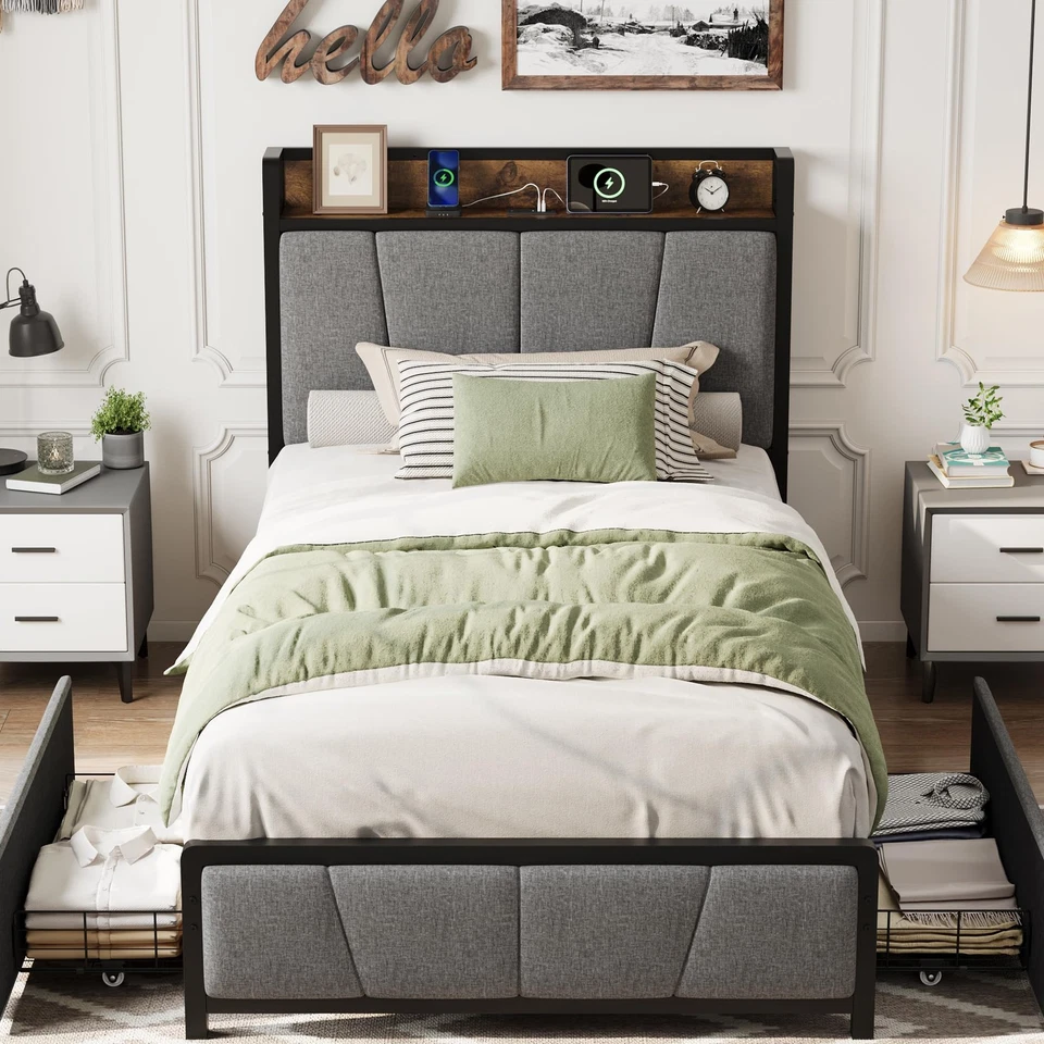 Twin-XL Size Bed Frame with 2 Storage Drawers and Charging Station, Rustic Li... - Image 1 of 4
