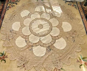 Vintage Hand Embroidered Round 70" Beige Tablecloth with Crochet Lace - Picture 1 of 15