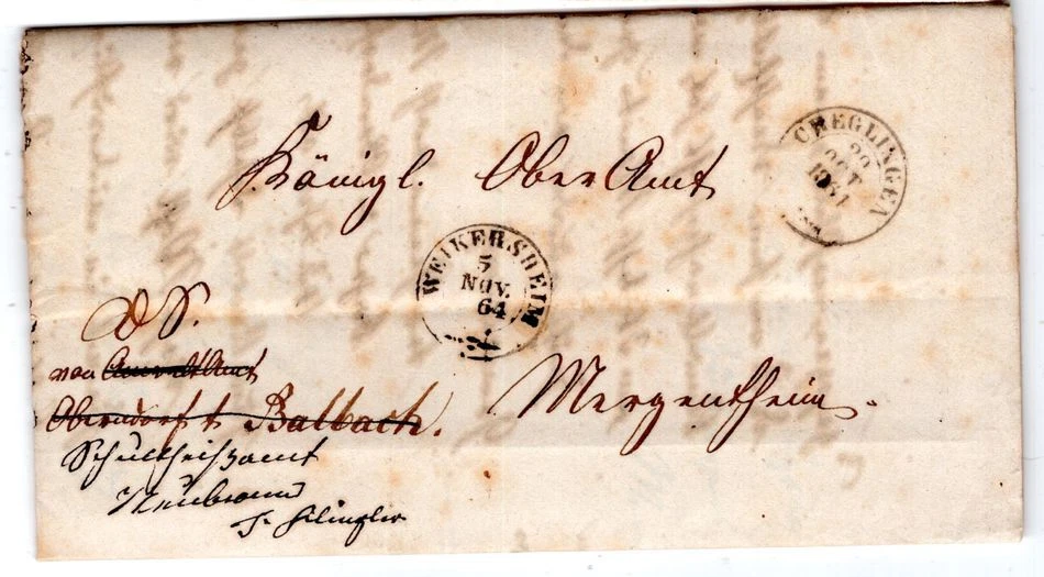 Württemberg 1864 Weikersheim O Mechlingen Múltiples Gelaufener Carta de Servicio - Imagen 1 de 1