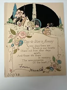 Vintage Art Deco Remembrance Card - Houses And Garden Of Flowers - Picture 1 of 2