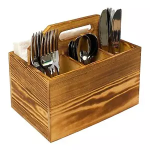 Utensil And Napkin Holder Flatware Caddy With Handle In Rustic Wood For Forks Sp - Picture 1 of 9